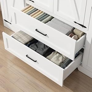 4 Doors Wardrobe Armoire Closet with Doors and Drawers Farmhouse Wooden Armoire Storage Cabinet with Shelves Hanging Rod for Bedroom White