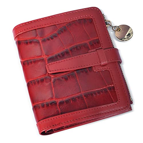 Genuine Leather Women Lady Bifold Fashion Card Case Handy Wallet Zipper Coin Case Pocket Purse Crocodile Embossed (Red)