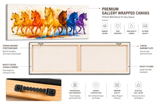 Image of 7 Horse Vastu Sunrise Canvas Painting | Positive Energy Wall Decor | Big Size Premium Running Horses Artwork for Home, Office & Hall Decoration (Modern, Yellow Horse, 44x20 Inch)