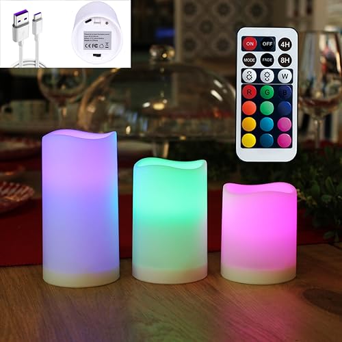 Image of WRalwaysLX 3pack USB Type-C Rechargeable Color-Changing LED Pillar Candles with Remote Control, Dia2.5, H3 4 inch 5 inch for Bedroom, Living Room...