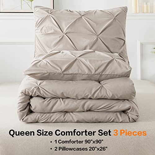 Andency Khaki Pinch Pleat Comforter Queen(90X90Inch), 3 Pieces(1 Pintuck Comforter And 2 Pillowcases) Pintuck Comforter Set, Microfiber All Season Down Alternative Bedding Set #TOP1