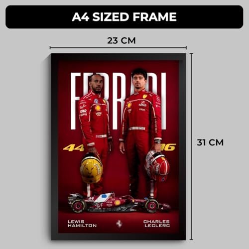 Image of Ferrari F1 Poster | Lewis Hamilton & Charles Leclerc Framed Ferrari F1 Car A4 Sized (31 x 23 cm) | Lewis Hamilton Poster | Ferrari Car Frame Posters for Wall, Gift for Boys, Formula 1 Frames | Formula 1 Framed (F 015)