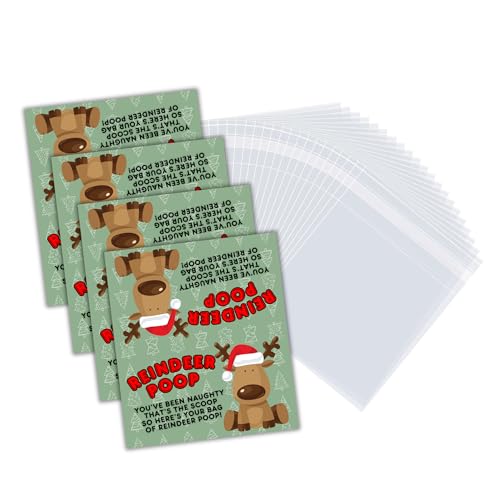 Reindeer Poop Christmas Chocolate Chips in a Bag Gag Gift 50 Tags & 50 Bags | 100 pcs 4x 3.5” Stocking Stuffer Candy Grouch Pills Magical Snowman Food Sack