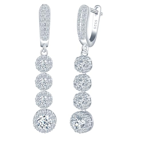 CPSLOVE Pendientes largos de circonitas para mujer, bisuteríade de boda de plata 925 con piedras preciosas redondas, aro con cierre francés, joyas de fiesta moda, Plateado