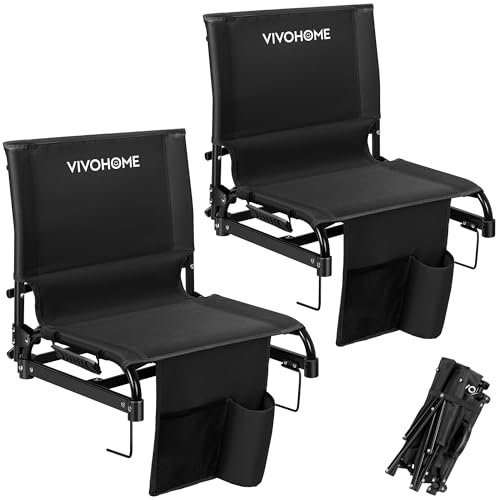 VIVOHOME Ultra-Compact Folding Stadium Seats with Back Support, 2 Pack Lightweight Portable Bleacher Chairs with Cup Holder and Carry Handle, Comfortable for Bleachers, Camping, Outdoor Events, Black