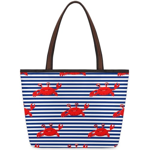 Striped Cartoon Crabs Tote Bag Multi Pocket Zippered Beach Bag Lightweight Waterproof Handbag for Women Men Work Gym Travel Swimming Yoga Grocery Shopping M
