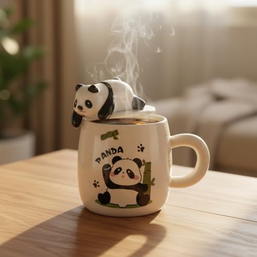 Image of ZAICUS Cute Panda Ceramic Coffee Mug with Lid & Spoon - Tea Cup for Kids & Adults, Milk Mug for Home & Office, Gift for Kids Girls Boys - 450ML