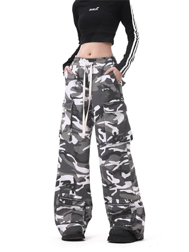 SANGTREE Women's Camo Cargo Pants Multi-Pocket Casual Wide Legs Streetwear