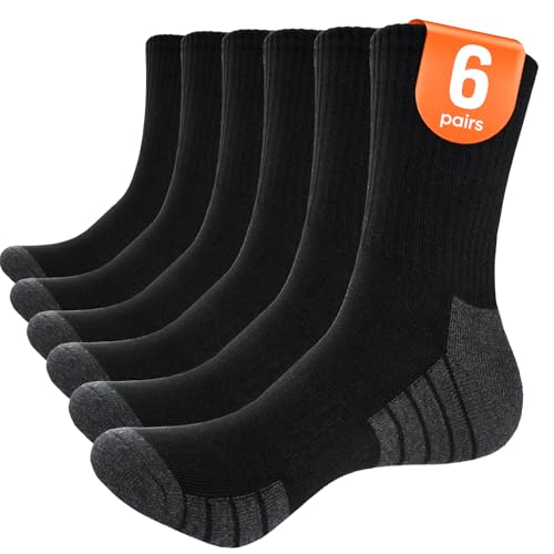Yinqier Mens Sports Socks Thick Cushion Anti Blister Walking Socks Crew Breathable Cotton Work Sock for Cycling Trekking Trainer (6 Pairs)