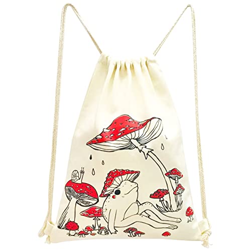 Mositu Mushroom Drawstring Backpack Cute Mushroom Frog Backpack Aesthetic Canvas Bag Gym Drawstring Bag Sports String Bag Cotton Sack Bag Beach Travel Sackpack For Women… #TOP5