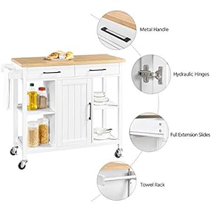 Yaheetech Kitchen Sideboard with 2 Drawers and Storage Cabinet Buffet Cart with Bamboo Countertop Open Shelves Towel Bar for Dining Room 36 H White