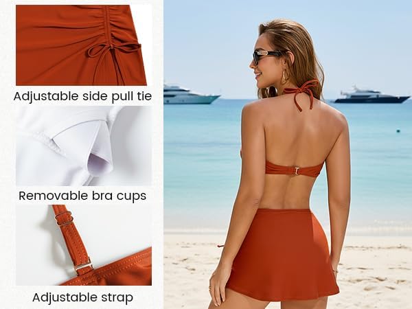 Shuangyu Women's Bikini Set with Skirt High Waisted Tummy Control Swimwear Halter Top Tie Knot Two Piece Swimsuit - Image 4