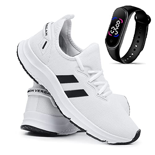 Kit Tênis Meia Calce Fácil Confortável Academia e Caminhada + Relógio Digital Unissex (38, Branco)