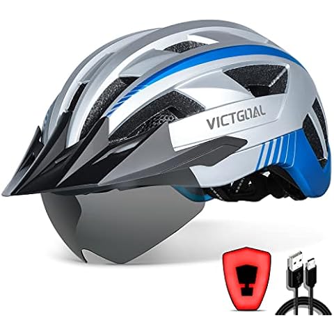 VICTGOAL Bike Helmet for Men with Removable Magnetic Goggles & Sun Visor, Cycle Helmet with USB Rechargeable LED Rear Light for Unisex Men Women Adjustable Helmets (Silver, L: 57-61 cm) Cover