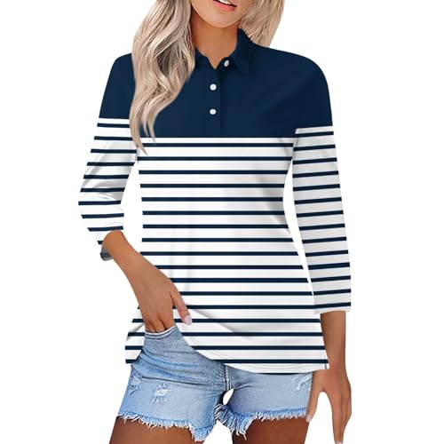 Poloshirts Für Damen Shirt 3/4 Arm Damen Casual Oberteile Locker Tops Elegante Blusen Basic Gestreiftes Einfarbig Shirts Oversized Bluse Polo Freizeithemd Mode Tennis Sport Top