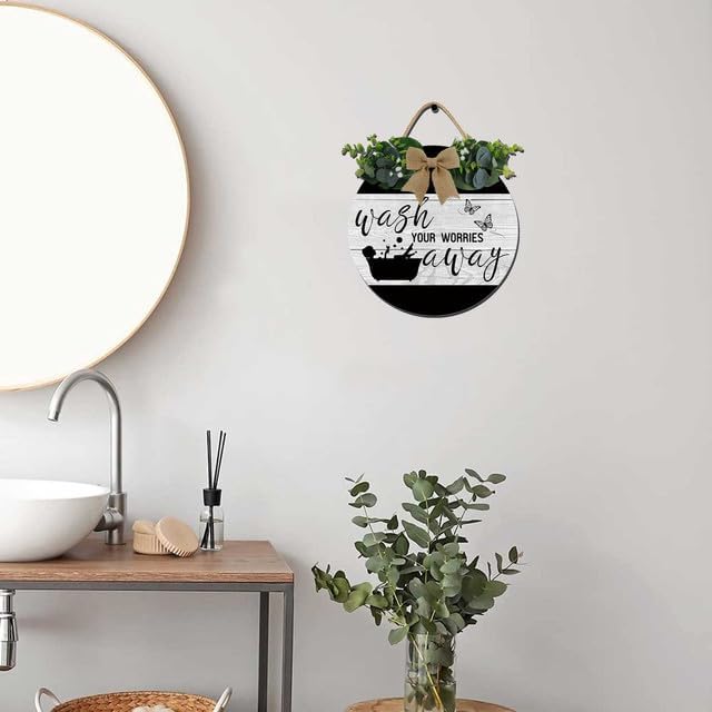 Bathroom Decor Wall Sign 12 * 12 Inch - Farmhouse Rustic Wooden Wreath Hanger | "Wash Your Worries Away"