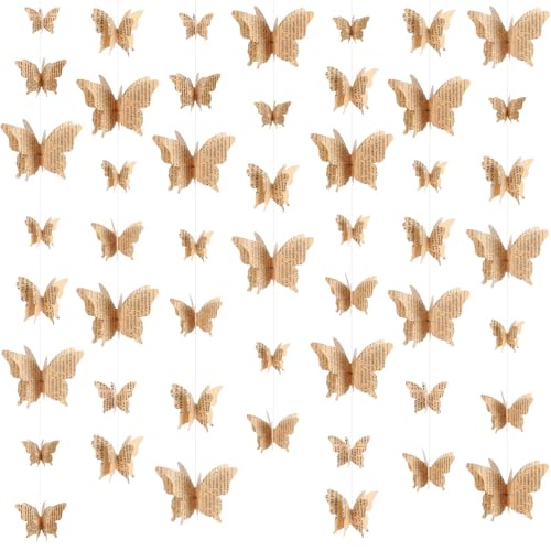wearage 5 Pcs 46 ft 3D Butterfly Garland Vintage 3D Butterfly Shaped Garland Banner Book Banner Hanging Paper Streamer Newspaper Bunting Party Nursery Strand String for Wedding Mother's Day Birthday