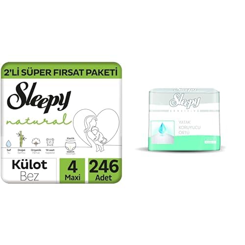 Sleepy Natural 2'li Fırsat Paketi Külot Bez 4 Numara Maxi 246 Adet ve Sleepy Sensitive Yatak Koruyucu Örtü 60 X 90 cm (1 x 30 Adet)