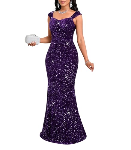 dasmzper Women’s Sequin Evening Gown – Elegant Sleeveless V Neck Mermaid Formal Maxi Dress for Wedding, Prom or Party Purple