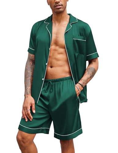 Image of Ekouaer Mens Satin Pajamas Set Button-Down Short /Long Sleeve Shirt Top Soft Silk Sleepwear Loose Pocket Pant Loungewear