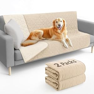 LOOBANI Waterproof Dog Blanket 2 Packs – Couch Covers for Dogs Washable Reusable Pet Blankets to Protect Furniture Bed Sofa Car for Puppy Cat Kids (Khaki+Beige,54” x 82”)
