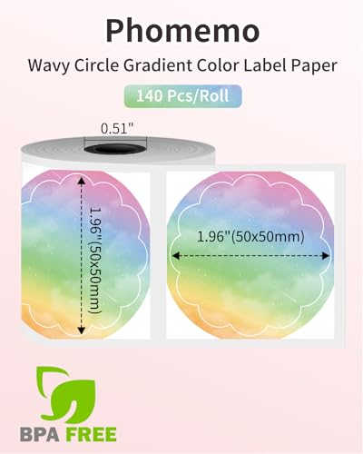 Image of Phomemo Circle Labels,1.96 inch, Use for M110 /M100 /M220 /M108, Rainbow, 140 PCS | 1 Roll Multi-Purpose 50x50mm Color Gradient Thermal Stickers for Kids & School, Barcode, Logo, Business, Home, Organization