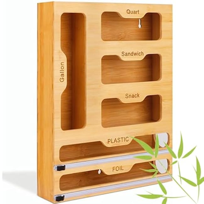 Bamboo Ziplock Bag Organizer - Foil and Plastic Wrap organizer with cutter - Holds up to 12¡± rolls - Baggie Organizer for Gallon, Quart, Sandwich, Snack Bags - Kitchen Organization - Drawer organizer