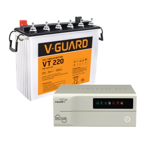 Image of V-Guard Inverter & Battery Combo (Prime 1150 Mili Inverter, VT 220 (205 Ah Tall Tubular Battery)) for Home, Office & Shops