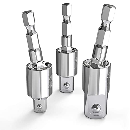 3 PCS Power Drill Socket Adapter Sets 360Â° Rotatable 1/4" Universal Hex Shank to Square Drive Socket Adapter, Socket to Drill Adapter 1/4"+3/8"+1/2" Impact Driver Socket Adapter Extension Sets