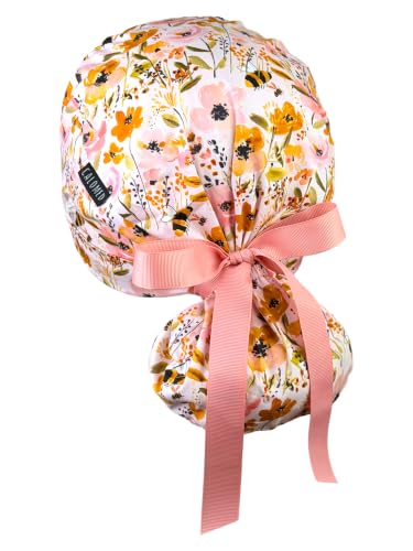 Image of Scrub Cap for Women and Men, Ponytail Scrub Caps, Working Hat, Head Cover with Ribbon Ties and Buttons, Long Hair