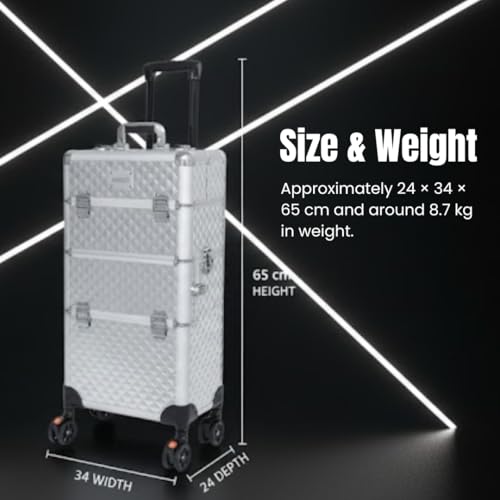 Image of FOLELLO 3-in-1 Marvel Rolling Professional Multifunctional Makeup Travel Vanity Case | Aluminum Trolley Vanity Salon Station (Diamond Cut- Silver)