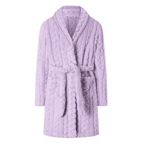 Umeyda Girls Soft Fleece Bathrobe, Cable Plush Hoodless Warm Robes with Belt Pockets for Kids, 2-15Y