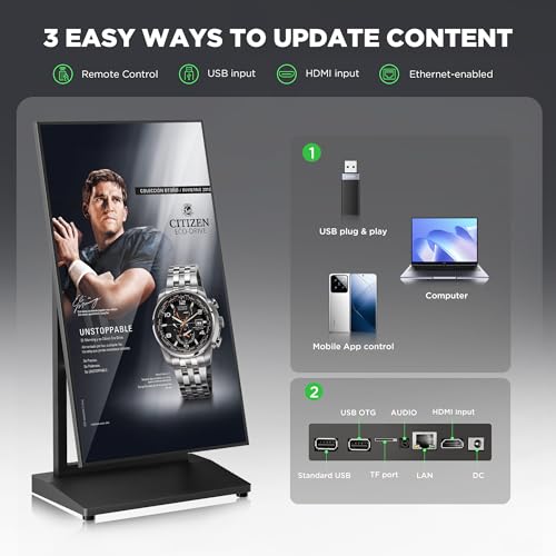 Image of 43 Inch Digital Signage Display, 4K 800 Nits UHD Full Screen LCD Advertising Kiosk, Portable Floor Standing Auto AD Player Android14 App-Based Control with USB /HDMI /WiFi