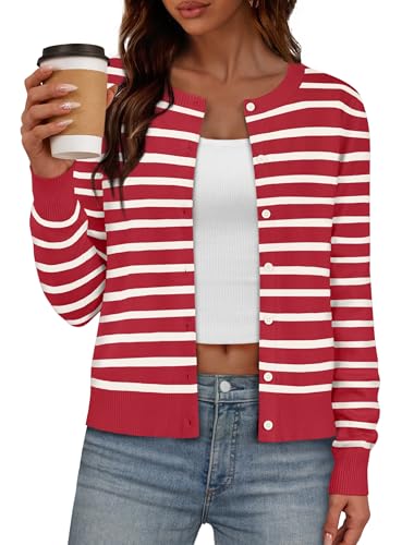 IWD Womens Striped Cardigan Crew Neck Long Sleeve Button Down Lightweight Sweaters Trendy Knit Tops...