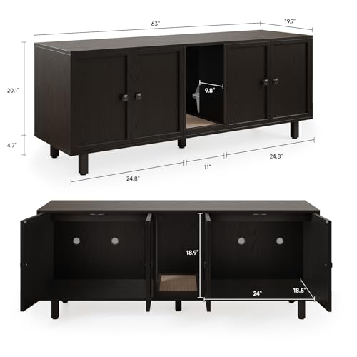 Image of ONBRILL 63 Inches Cat Litter Box Enclosure for 2 Cats, Hidden Litter Boxes Furniture with Cat Scratch Pad, Large Indoor Pet House with Double Room, Wooden TV Stand Side Table, Black