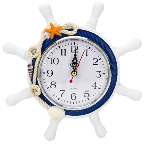 Mediterranean Wall Clock Steering Wheel Nautical Style Wooden Ship Helm Lighthouse Rudder Desk Clock with Rope and Shell, Decorative Beach Sea Theme Retro Home Decor Ornament for Bedroom Living Room