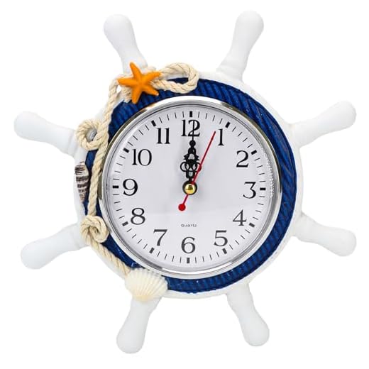 Mediterranean Wall Clock Steering Wheel Nautical Style Wooden Ship Helm Lighthouse Rudder Desk Clock with Rope and Shell, Decorative Beach Sea Theme Retro Home Decor Ornament for Bedroom Living Room