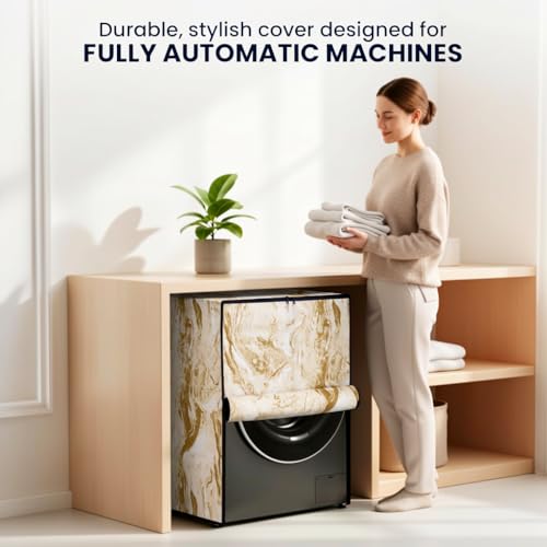 Image of Star Weaves Front Load Fully Automatic Washing Machine Cover for 8 Kg, 8.5 Kg, 9 Kg, 9.5 kg (Gold)| Waterproof & Dustproof Polyester Fabric with Zipper | Protection Cover | 63 x 63 x 93 cms