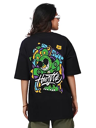 Image of Veirdo Pure Cotton Oversized Half Sleeve Round Neck Graphic Back Hustle Monster Printed Black T-Shirt for Women