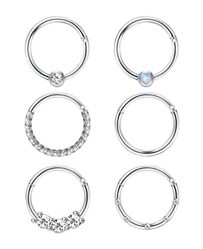 FIBO STEEL Cartilage Hoop Earrings for Men Women Stainless Steel CBR Hinged Clicker Nose Ring Helix Septum Couch Daith Lip Tragus Piercing Sleeper Earrings Jewelry Set 18G 8MM