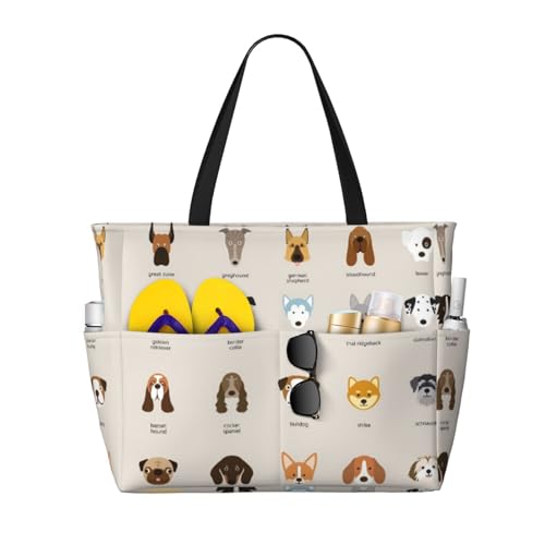 FLYIFE Bedruckte Strandtasche mit Hundemotiv, große Kapazität, Schultertasche für Damen, mit 7 Taschen, faltbar, Schwarz , Einheitsgröße