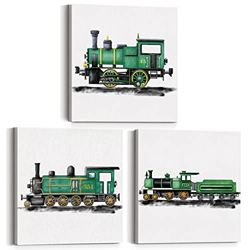 Yuzi-N Set Of 3 Green Steam Train Nursery Vehicle Art Posters Canvas Wall Art & Tabletop Home Boy Bedroom Decoration, Watercolor Steam Locomotive Prints Easel & Hanging Hook 12X12 Inch #TOP16