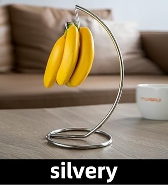 Modern Banana Holder with Sturdy Base - Silver Countertop Fruit Hanger for Kitchen Storage, Extends Freshness & Prevents Bruising