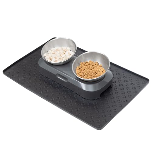 gomura 猫 皿 ペット 食器 猫 水飲み皿 ご飯皿 ペットマット付き 傾斜15度 滑り止め 溢れ止め 猫餌入れ 水入れ 食べやすい 小型犬 (グレー)