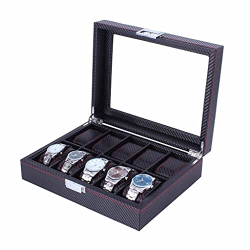 Liuzh 10 Grids Carbon Fibre Pattern Watch Box Watch Holder Organizer Storage Case Display Rectangle Black Color Showcase #TOP2