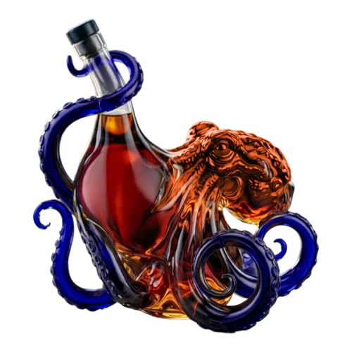 3D Octopus Decanter 350ml Kraken Rum Glass High Borosilicate Liquor Bottle Whiskey Decanter for Wine Drip-Proof Bar Decor Collectible Gift for Marine Lovers Men (Blue)