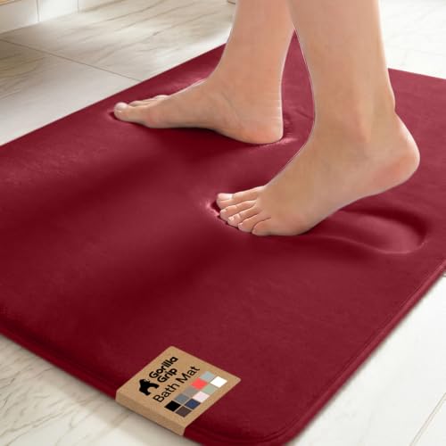 GORILLA GRIP Memory Foam Bath Mat Soft Absorbent Velvet Bathroom Mats Durable Dots on Underside Machine Washable Bathmat Carpet Rug Room Decor for Shower Tub Floor RV 24x17 Rugs Burgundy