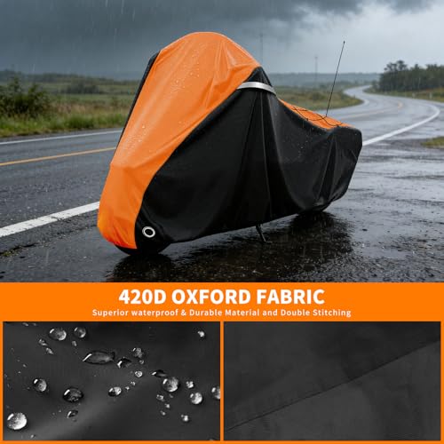 Image of COVERVIN Motorcycle Cover for Harley Davidson Touring Road King Road Glide Electra Glide Street Glide Low Rider-ST Heritage Classic HD Goldwing, All Weather Waterproof Cruiser Cover, Black&Orange