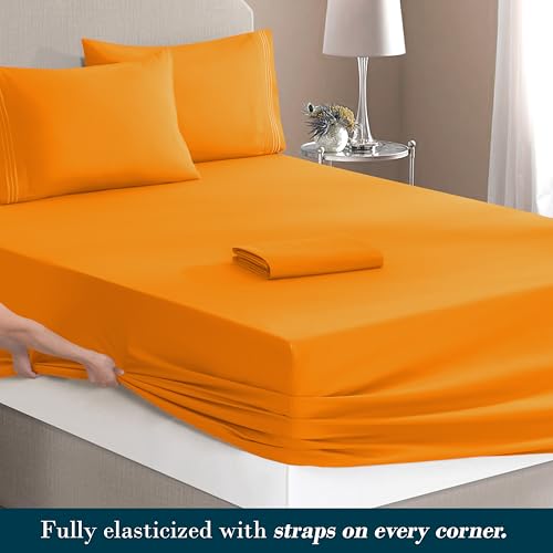 Image of Mocassi Luxury 4-Piece Sheet Set, Ultra Soft 1800 Premium Hotel Quality Microfiber Sheet Set, Fits Mattresses Up to 18 to 24 Inches Extra Deep Pocket - Breathable and Secure Fit, Twin XL, Orange