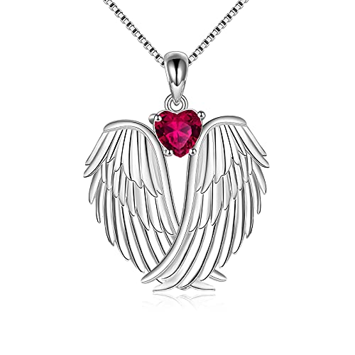 Image of YFN Angel Wings Necklace 925 Sterling Silver Guardian Angel Wings Pendant Necklace Birthstone Necklace for Women Girls Christmas Jewelry Gifts
